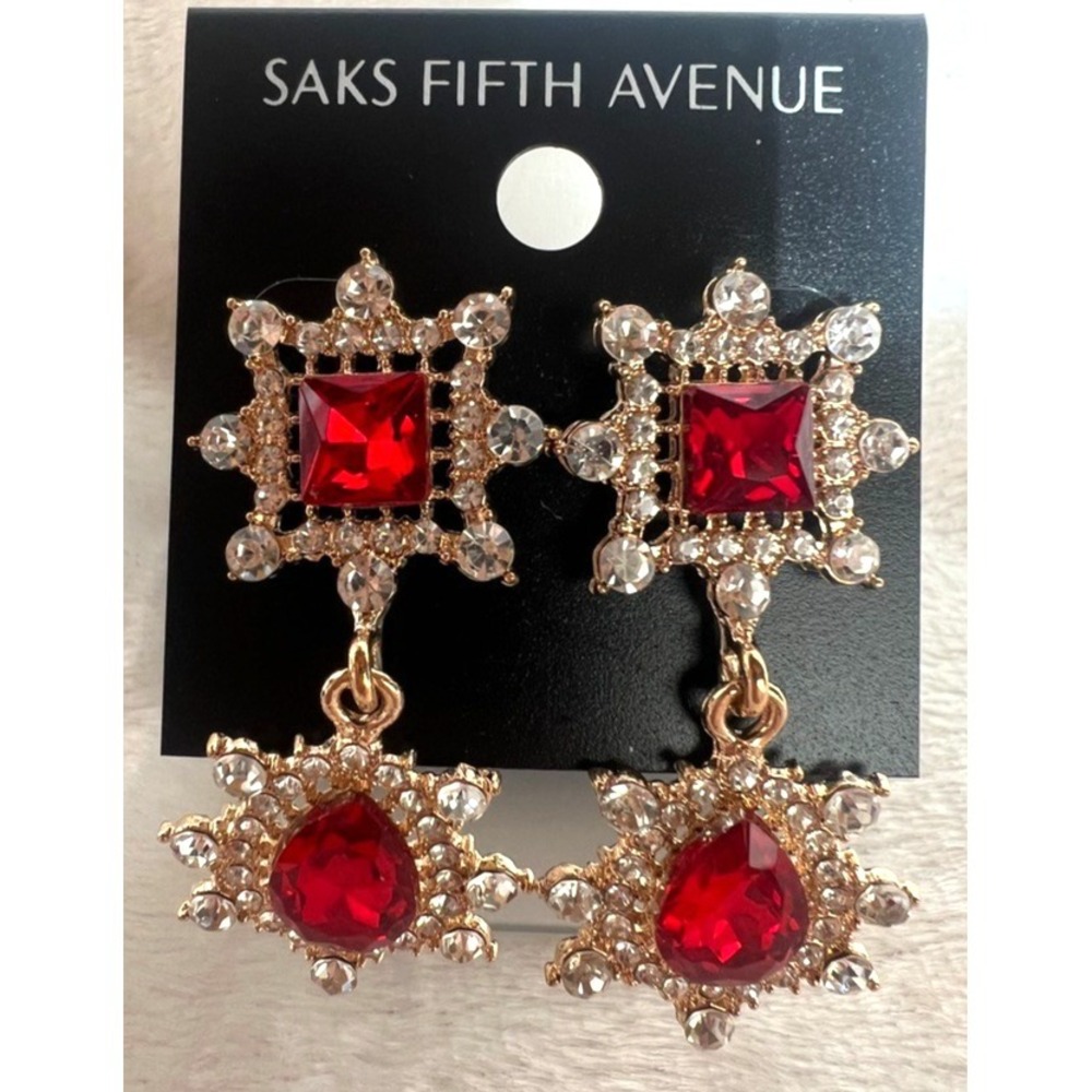 Saks Fifth Avenue Earrings Red Crystal‎ Drop Gold Rhinestone Holiday Glam 2"